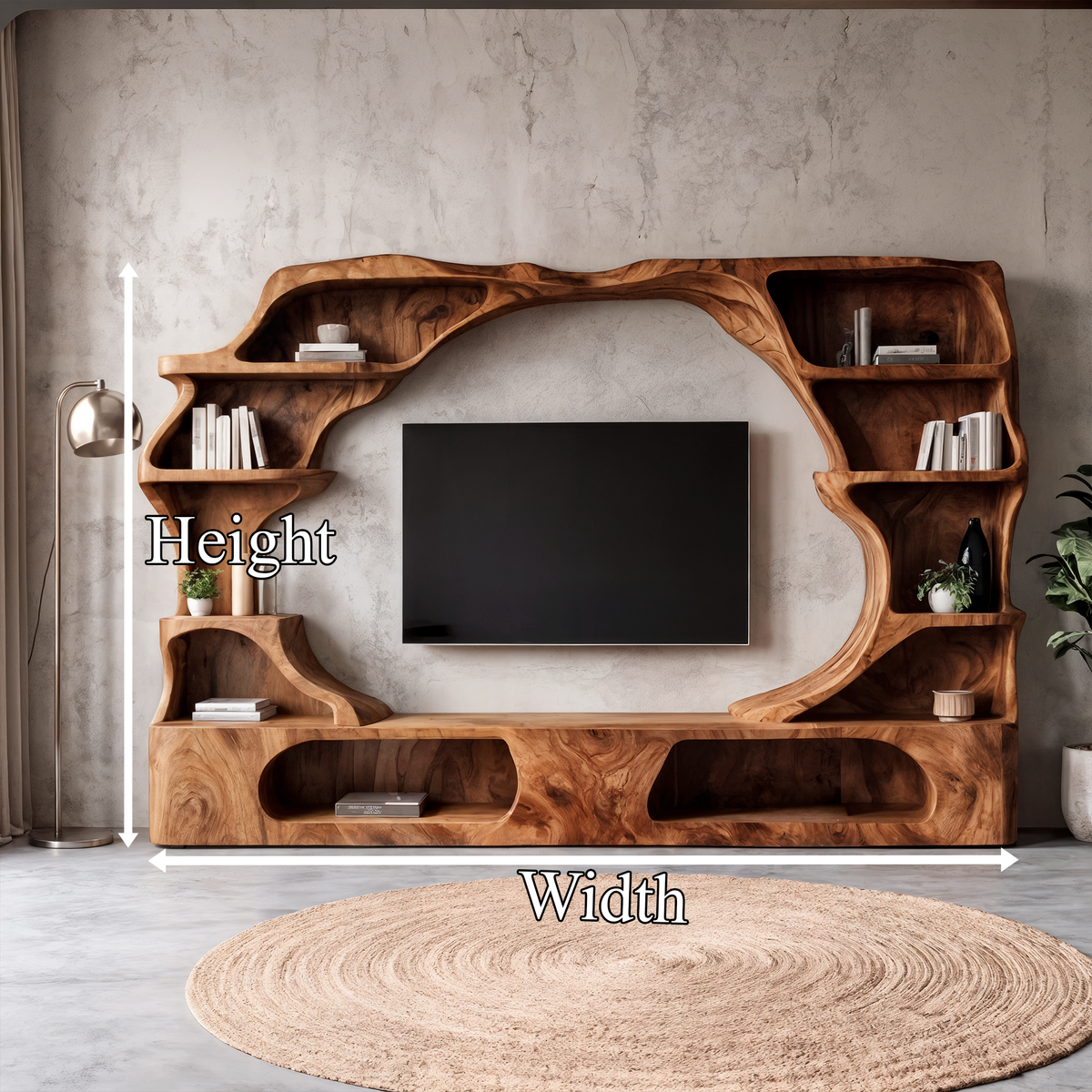 Nature Inspired Entertainment Center With Organic Display Shelves For Living Room
