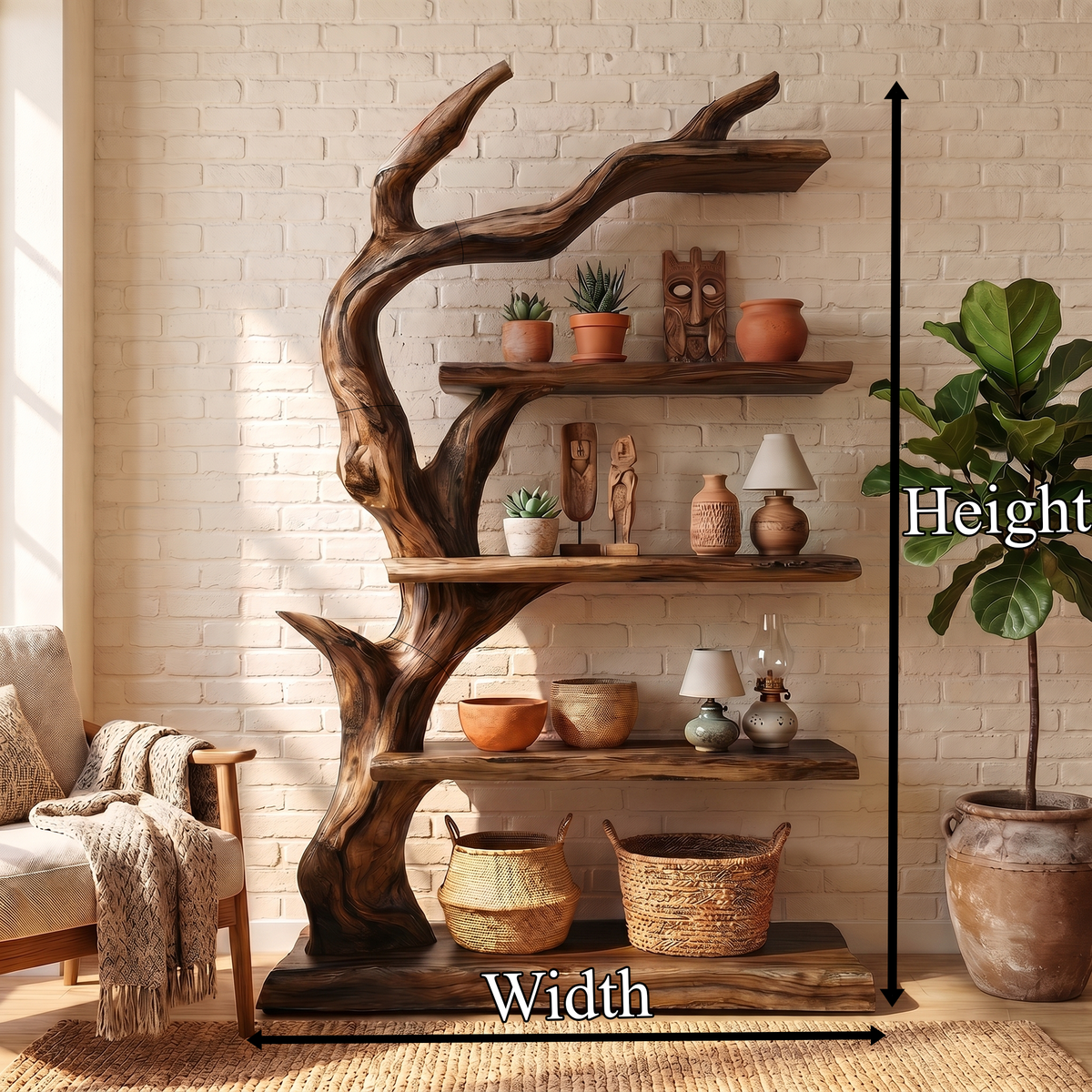 Rustic Tree Bookshelf With Handcrafted Branch Design And Open Display Shelves For Living Room