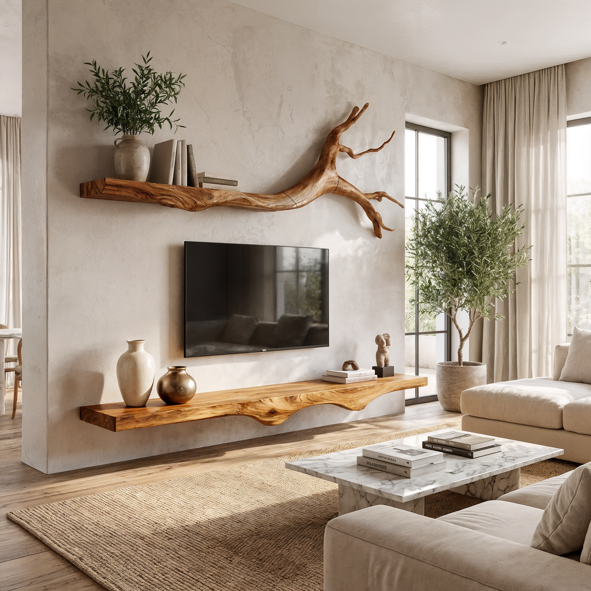 Set 2 Pieces Rustic Floating Wall TV Console Solid Wood Bedroom Living