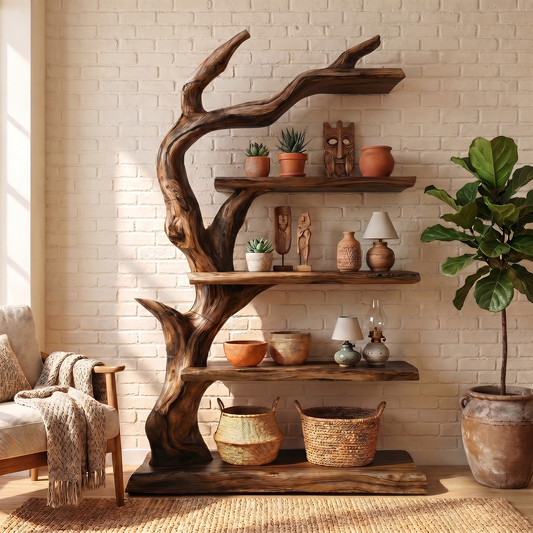 Rustic Tree Bookshelf With Handcrafted Branch Design And Open Display Shelves For Living Room