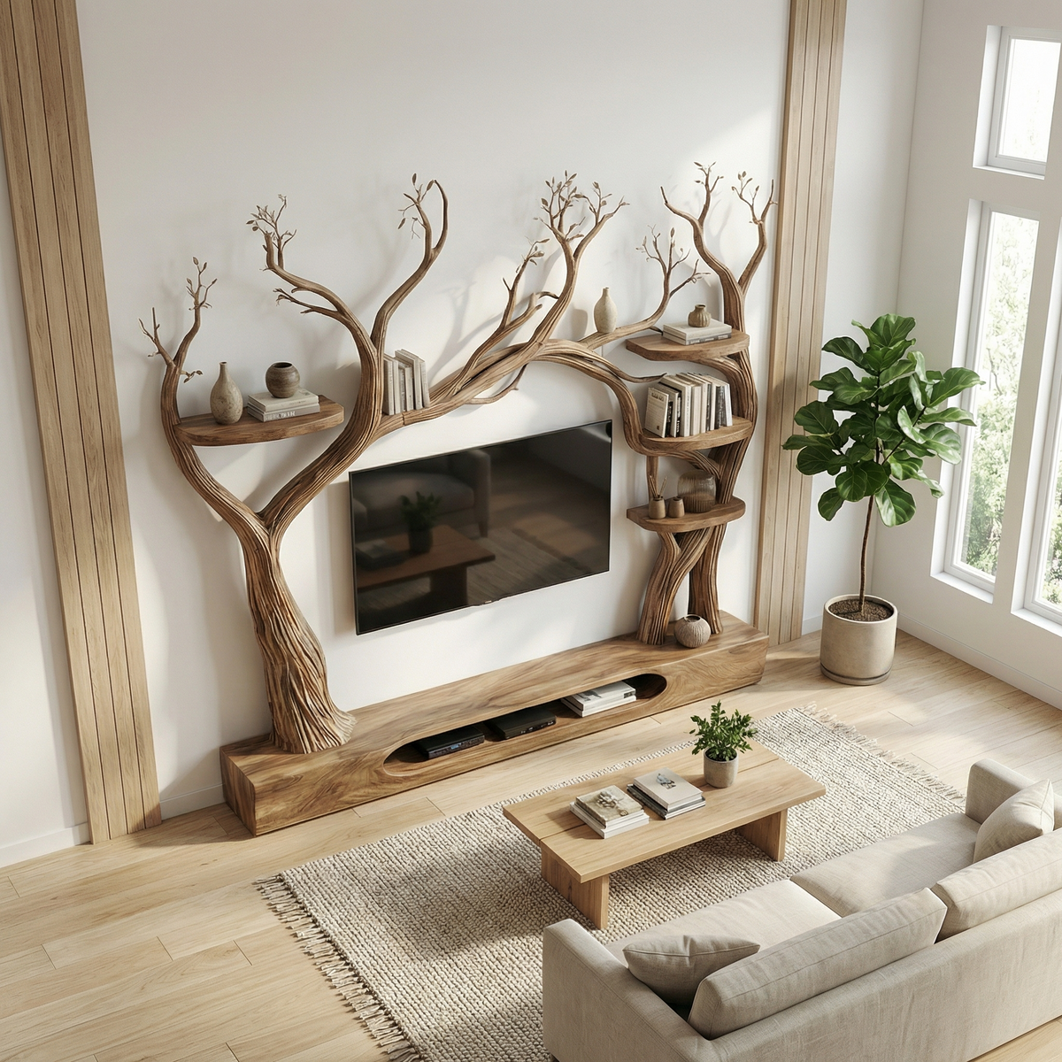 Rustic Tree Inspired TV Stand For Living Room And Interior Decor