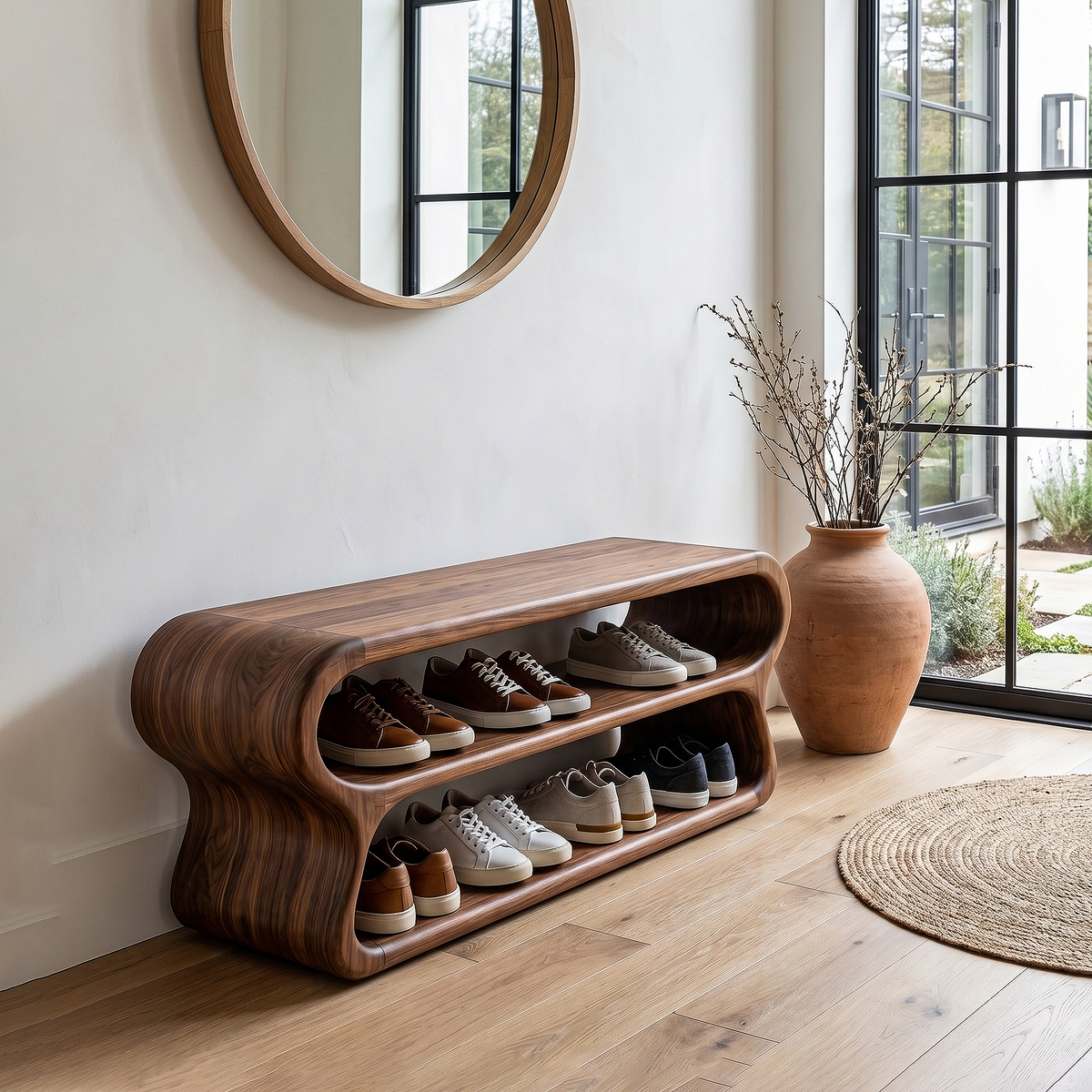 Contemporary Shoe Bench With Open Storage Compartments For Hallway