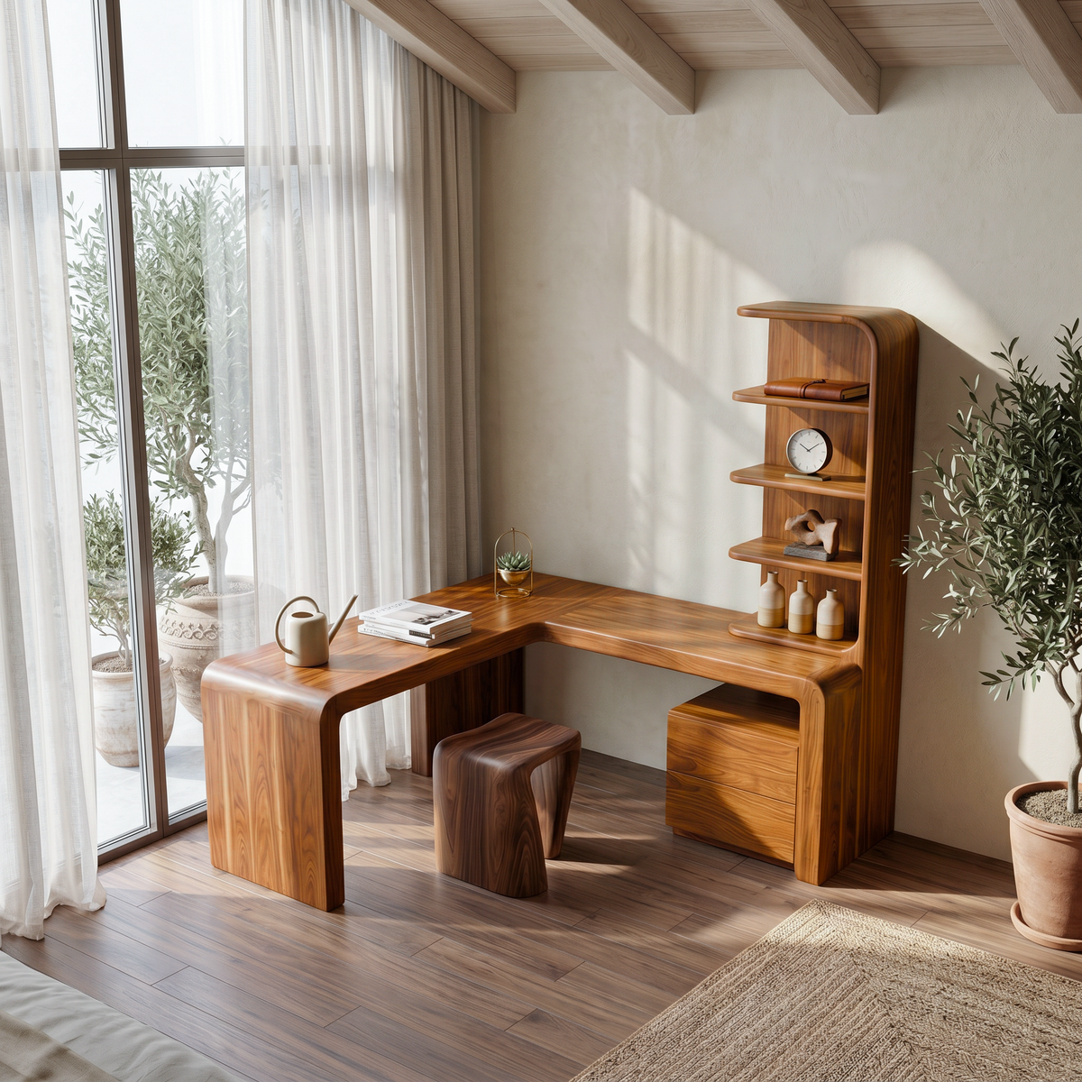 Organic Desk With Storage Shelves And Cabinet For Home Office