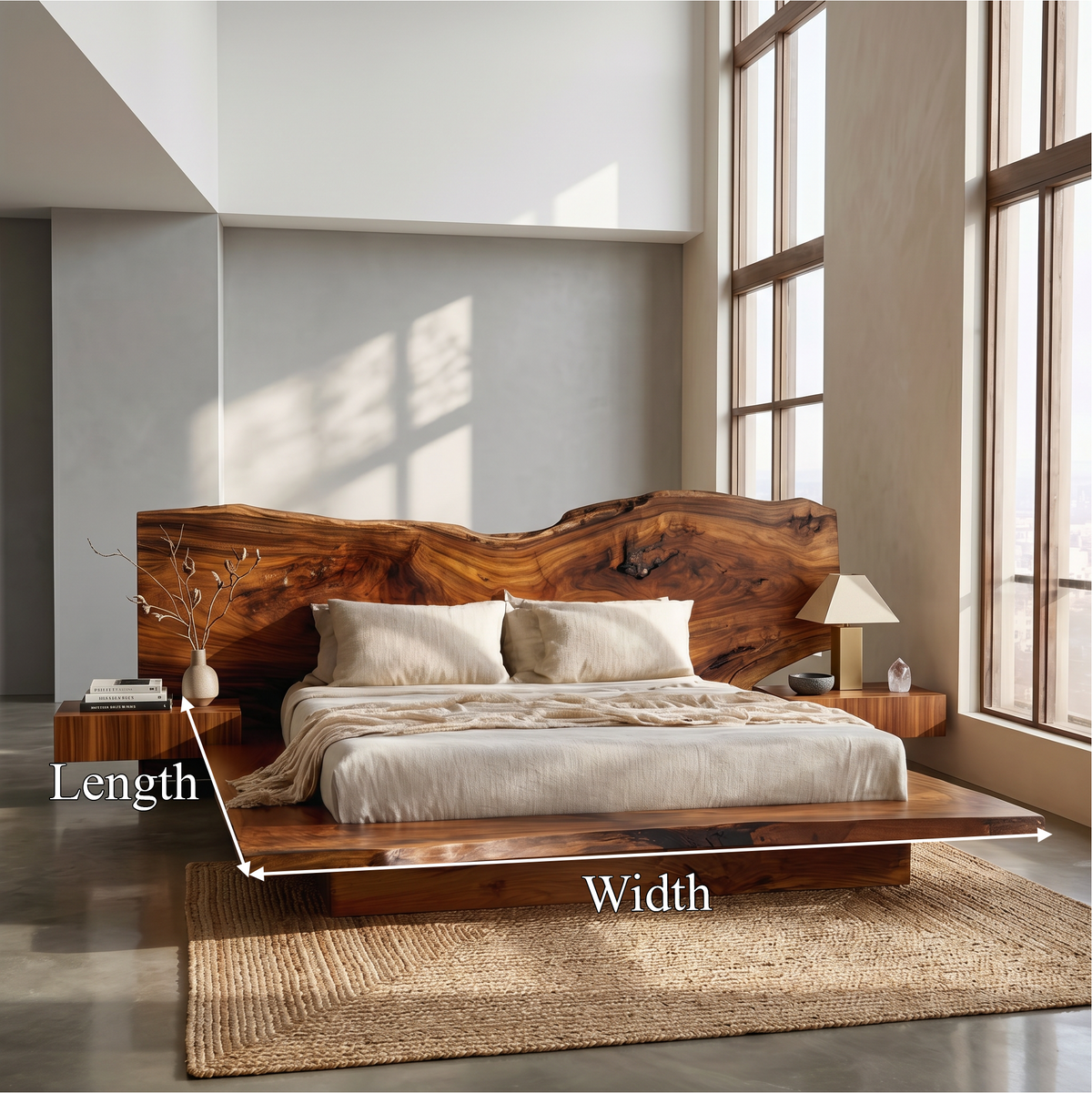 Rustic Live Edge Bed Frame With Sculptural Headboard For Bedroom