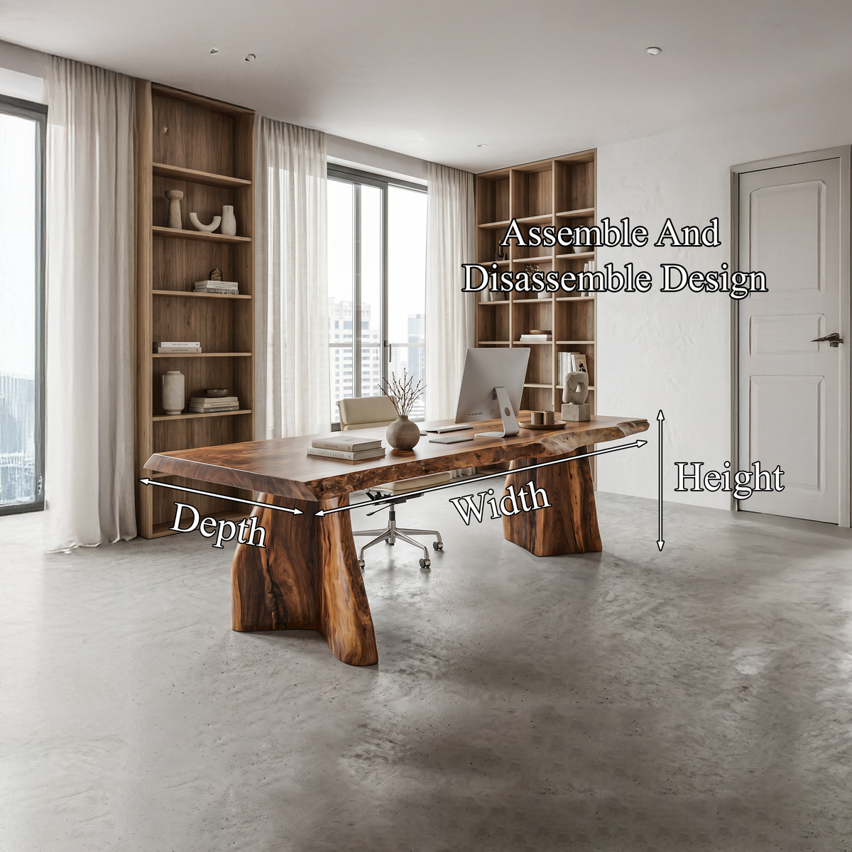 Rustic Live Edge Executive Desk With Sculptural Solid Wood Base For Home Office