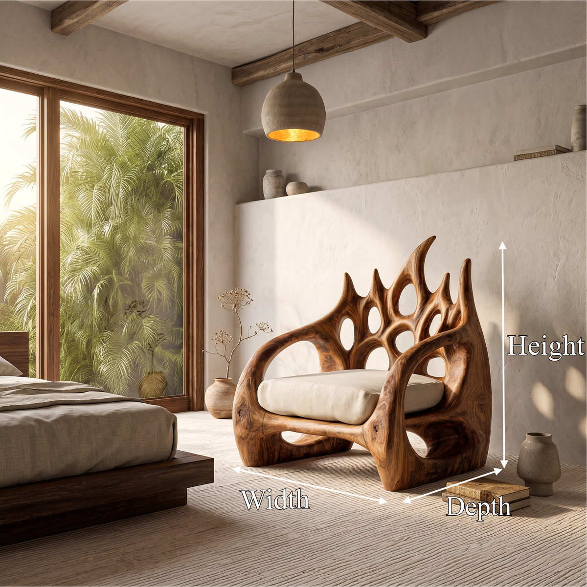 Contemporary Armchair With Organic Wood Silhouette For Living Room Decor