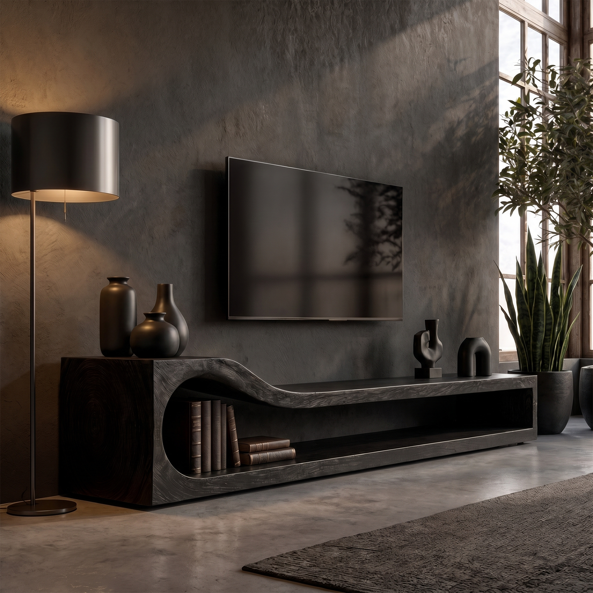 Organic TV Cabinet With Sculptural Wave Wood Base And Solid Wood Media Console For Living Room