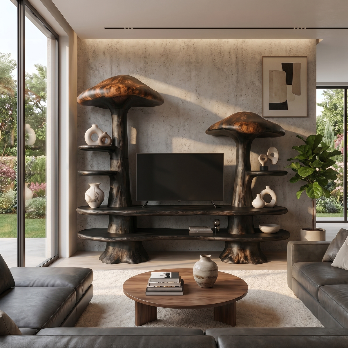 Rustic Mushroom TV Cabinet With Open Display Storage And Media Console For Living Room