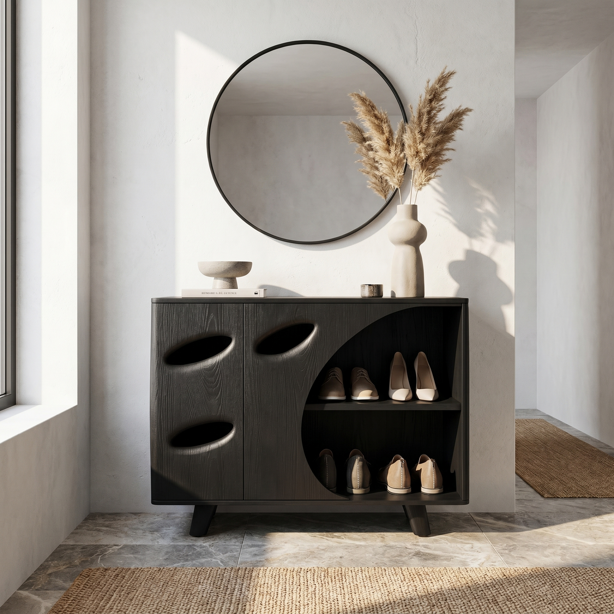 Mid Century Shoe Cabinet Organic Cutout Design For Entryway