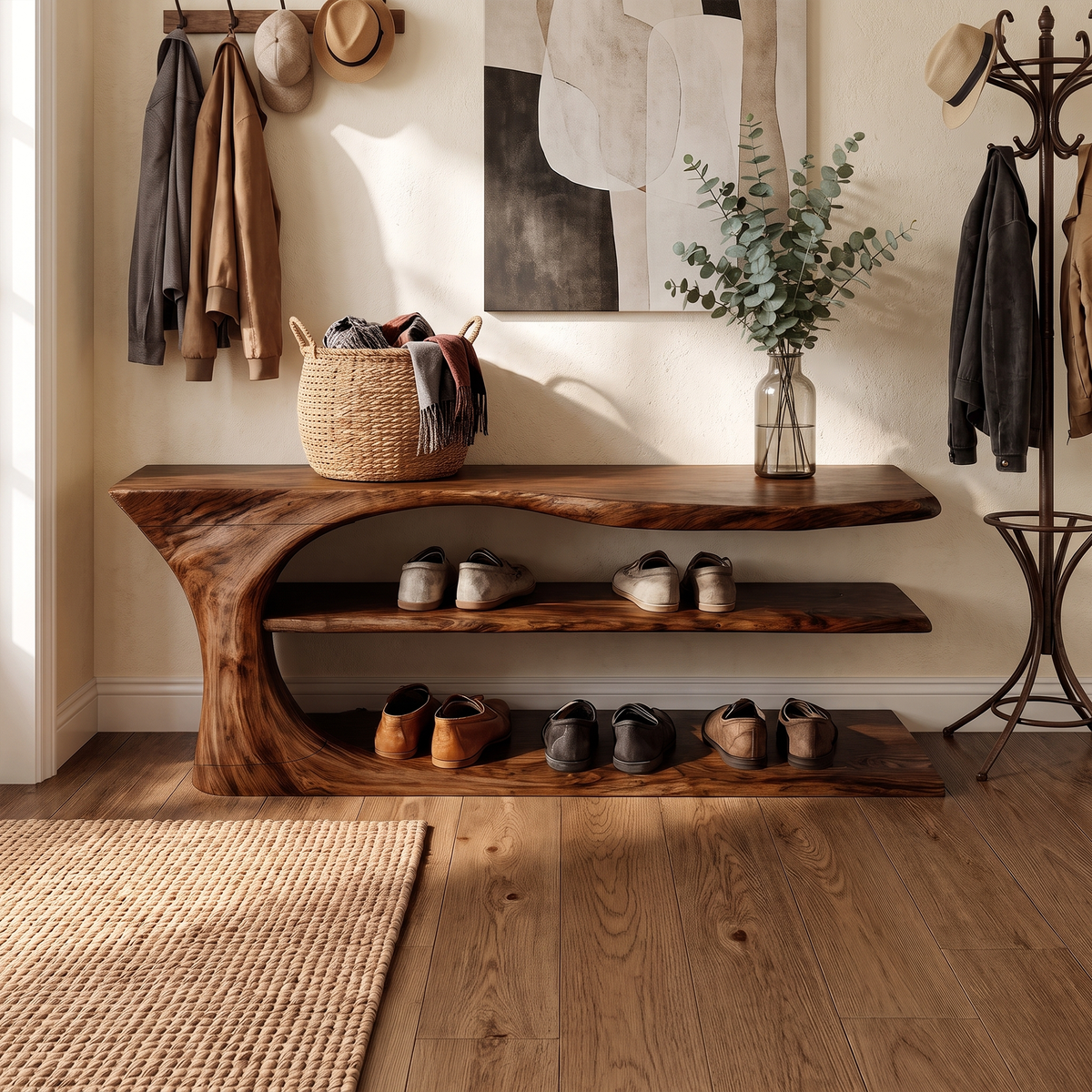 Mid Century Handcrafted Wooden Shoe Storage Bench Home