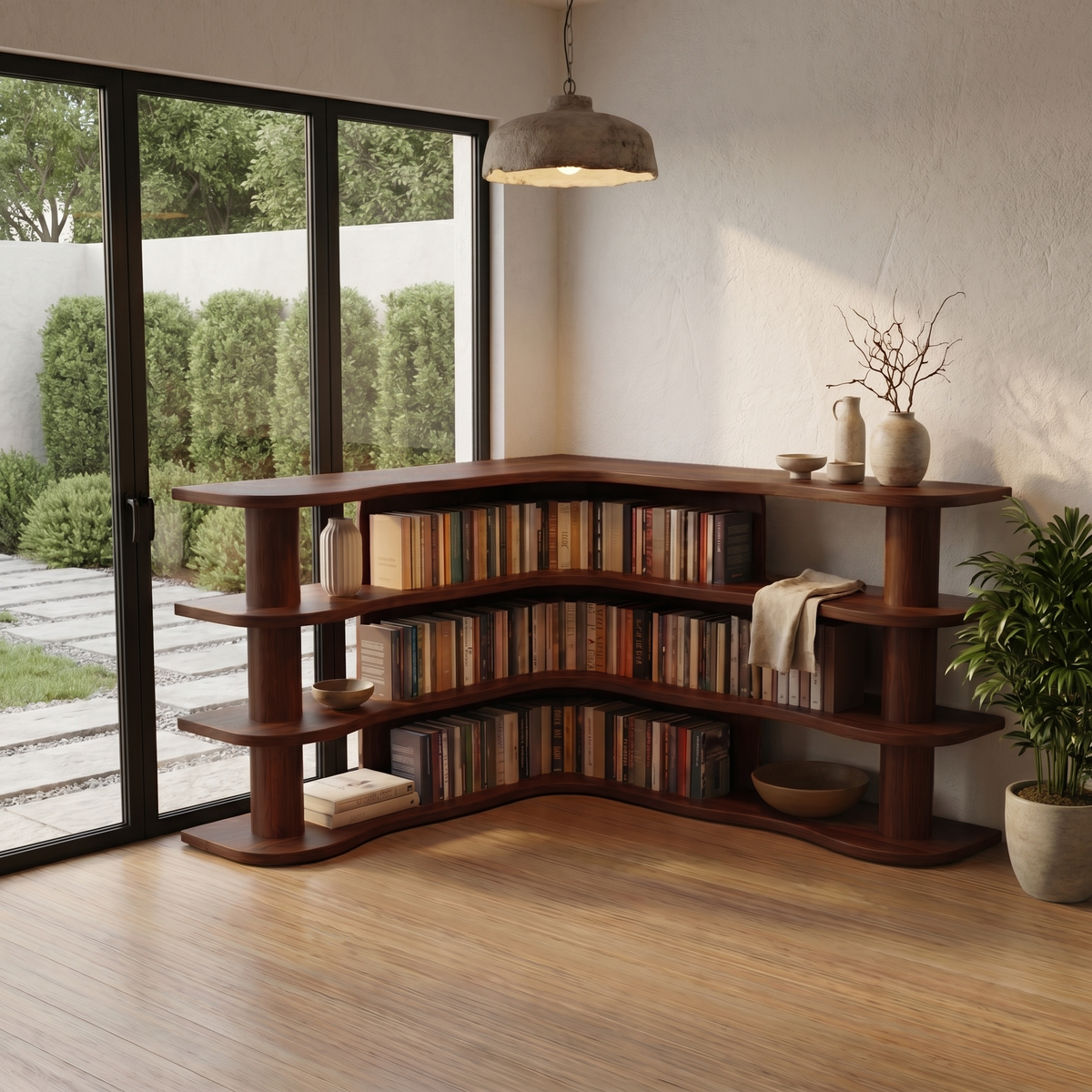 Scandinavian Corner Bookshelf With Rounded Multi Tier Wooden Shelves For Living Room And Bedroom