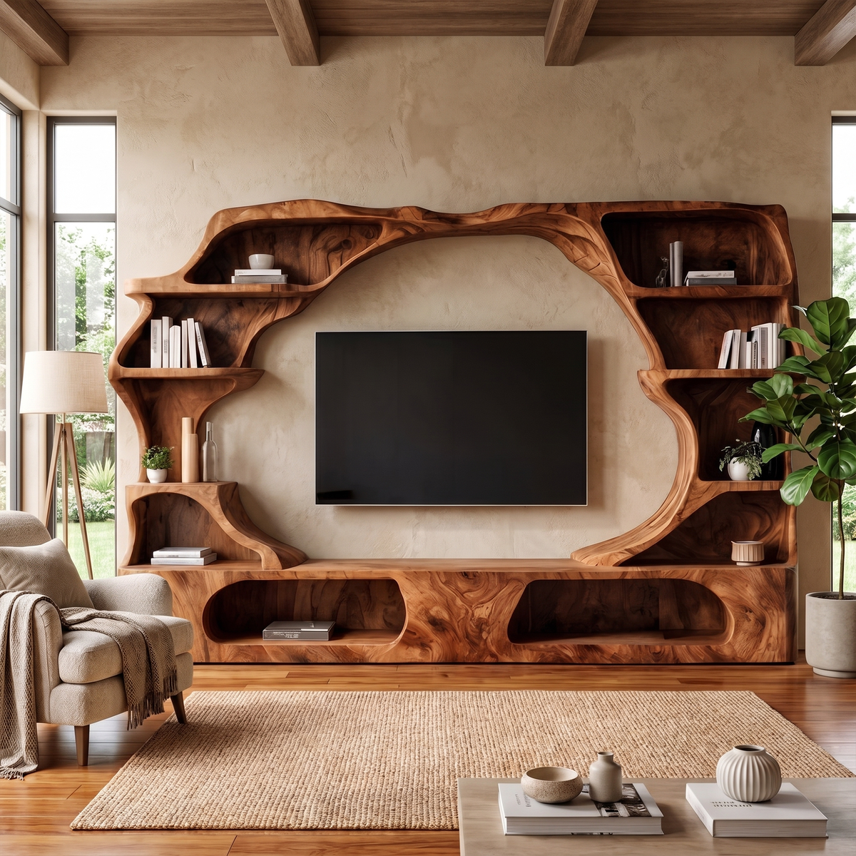 Nature Inspired Entertainment Center With Organic Display Shelves For Living Room