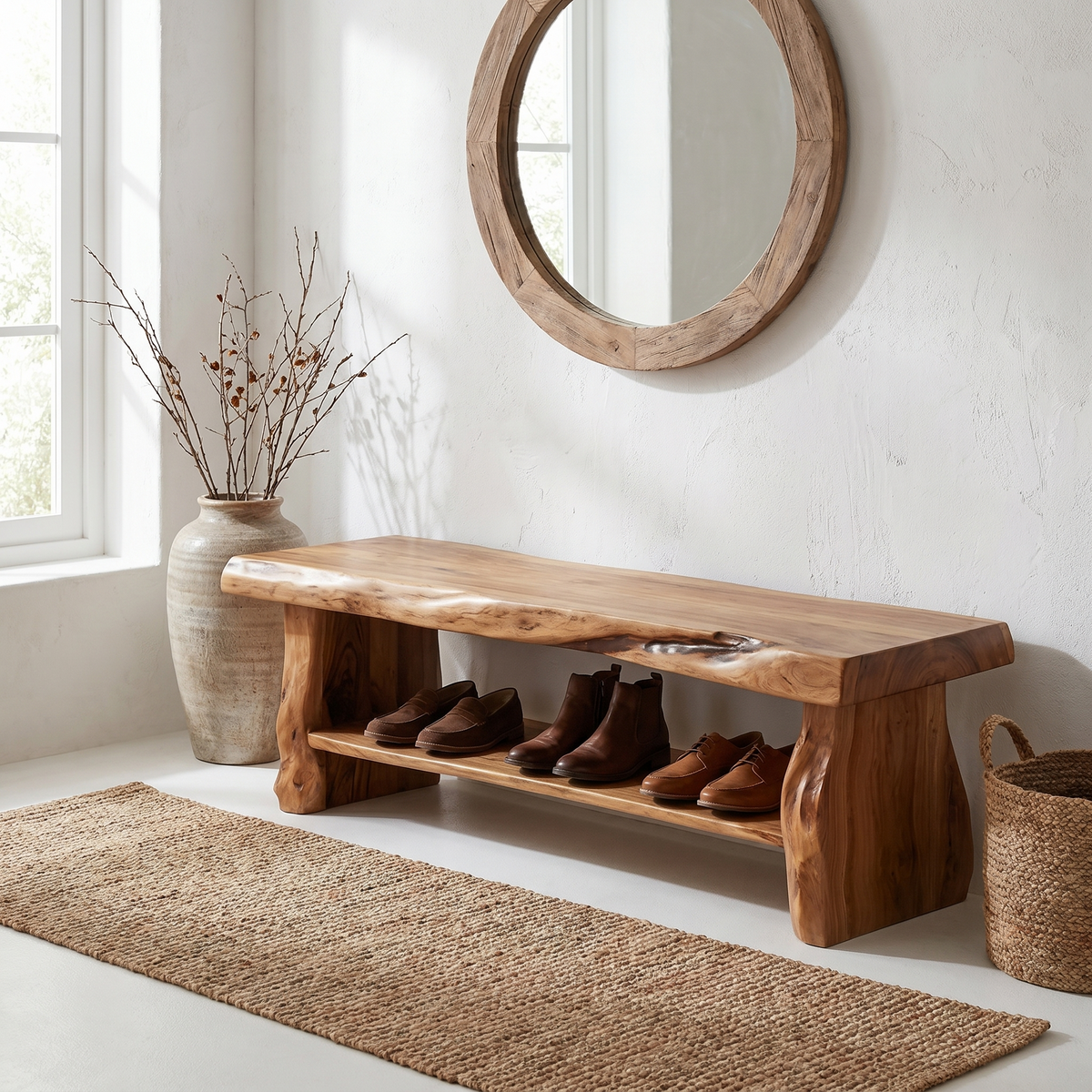 Rustic Shoe Bench Natural Wood Storage For Entryway