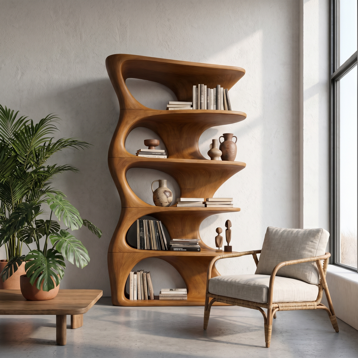 Organic Sculptural Wall Mounted Bookshelf With Curved Floating Shelves For Living Room