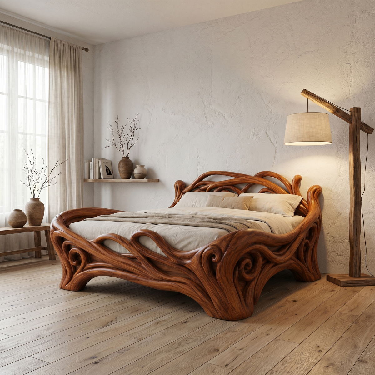 Organic Sculptural Bed Frame With Flowing Root Inspired Wood Design For Bedroom