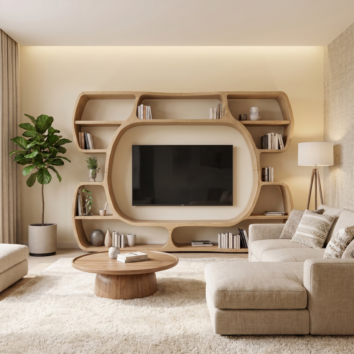 Organic Entertainment Center With Sculptural Surround Shelves For Living Room