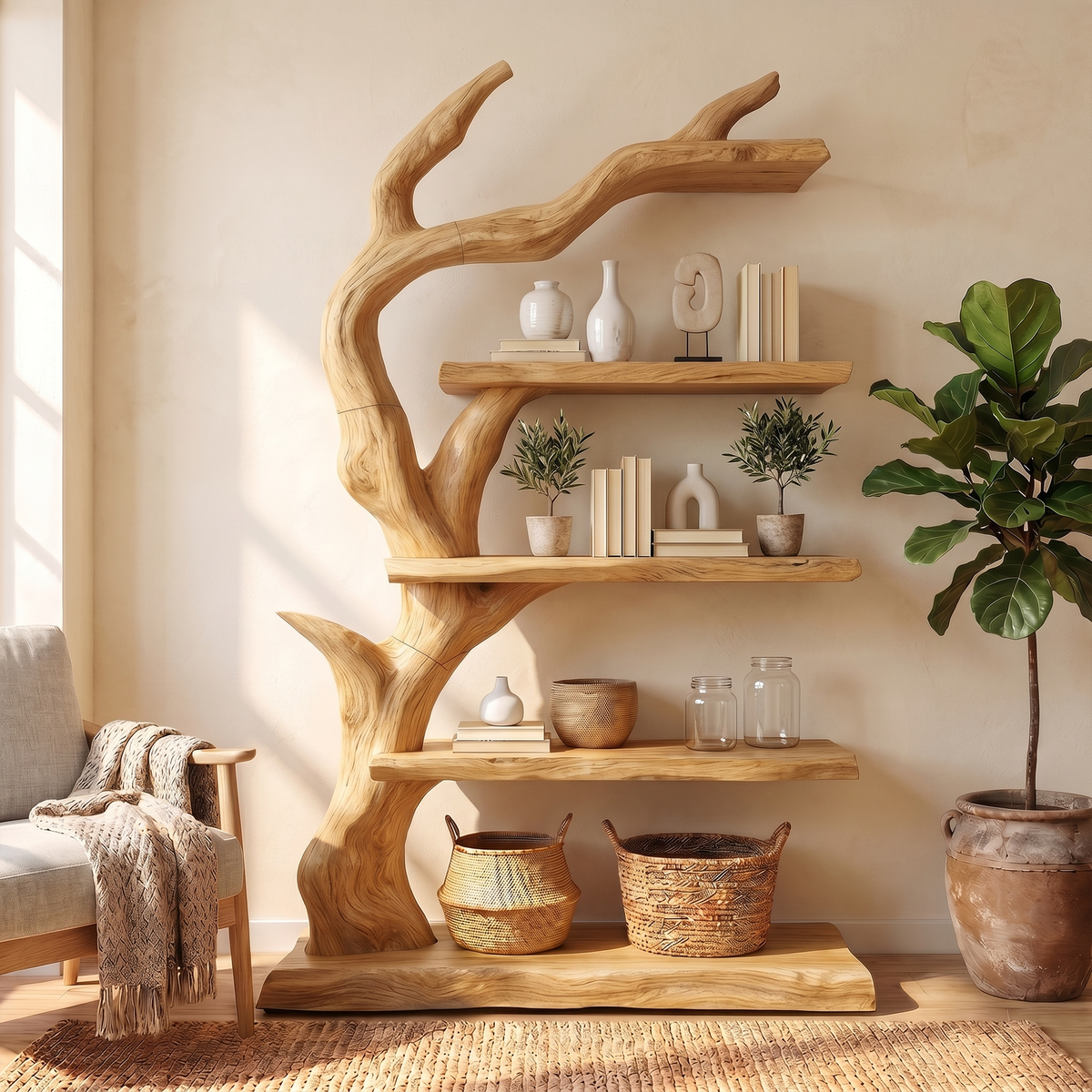 Rustic Tree Bookshelf With Handcrafted Branch Design And Open Display Shelves For Living Room
