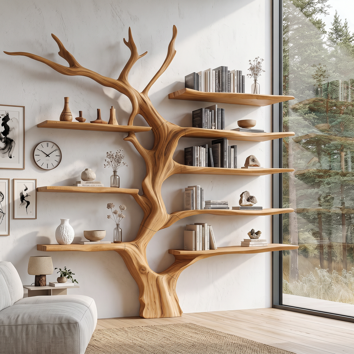 Sculptural Tree Bookcase Artistic Wooden Wall Shelf