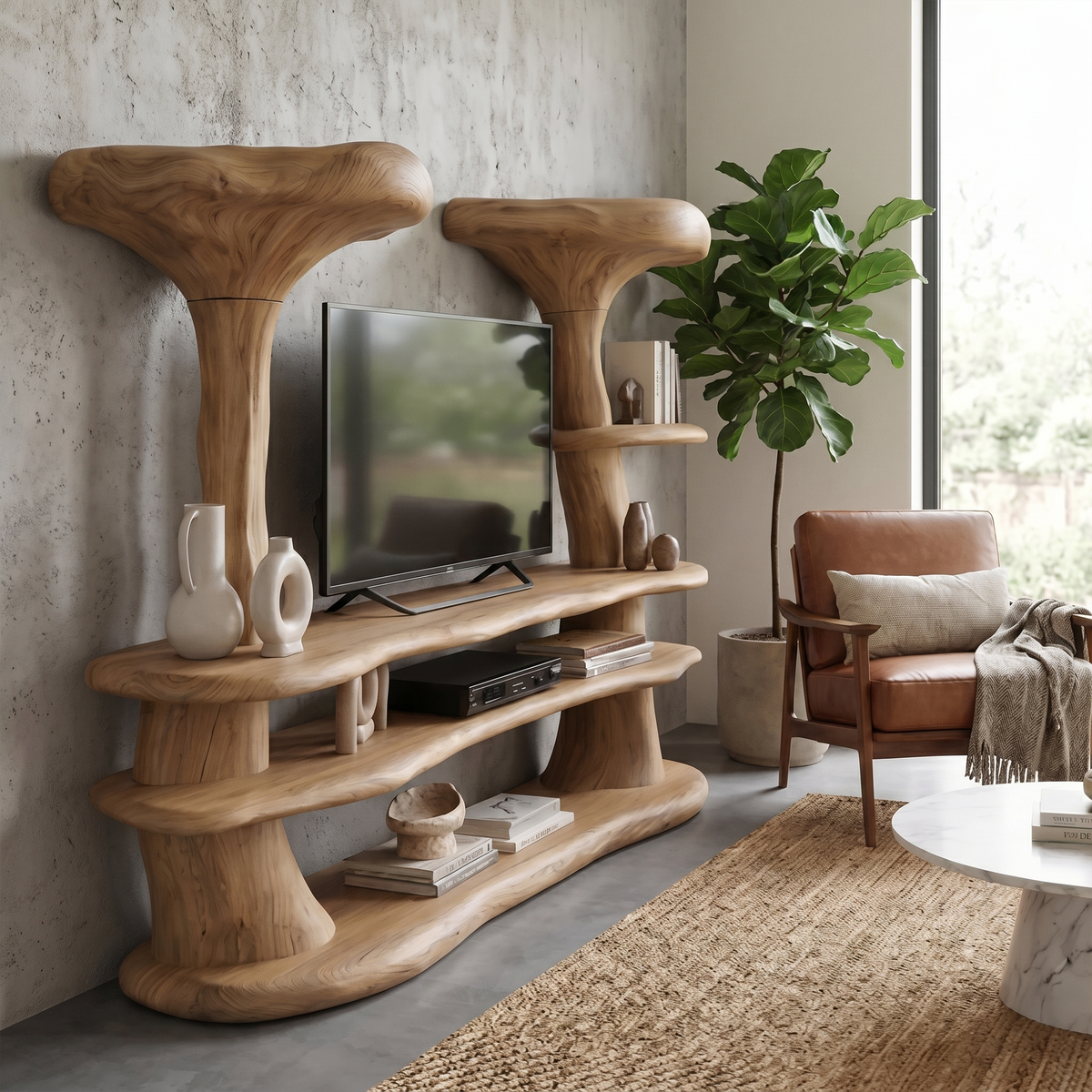 Organic Mushroom TV Stand With Sculptural Solid Wood Design For Living Room