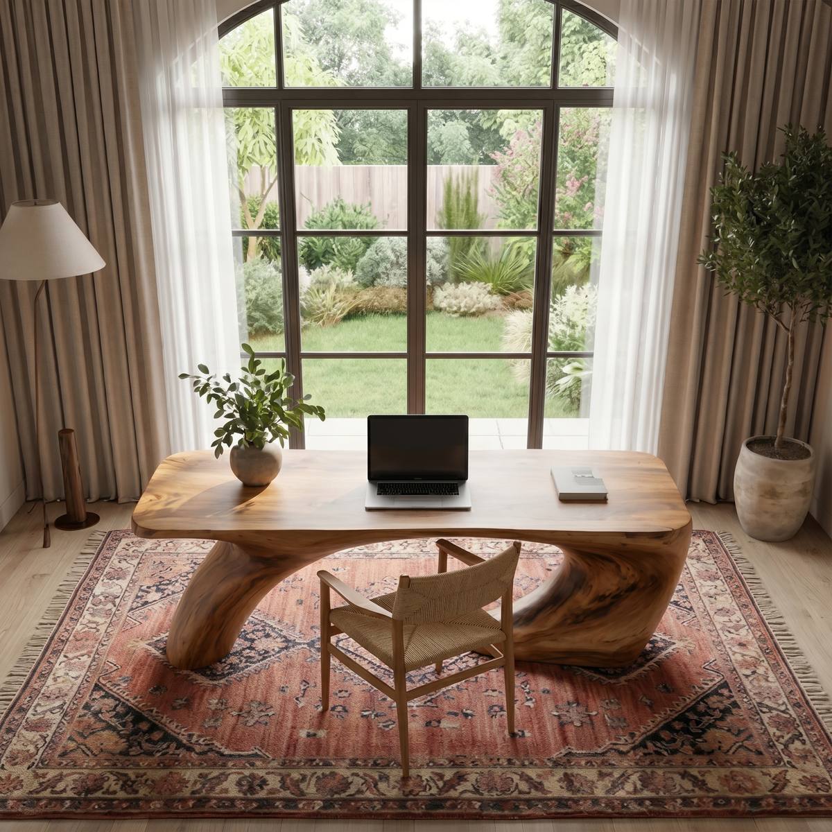 Modern Organic Desk With Sculptural Curved Wood Base And Solid Wood Top For Home Office And Workspace