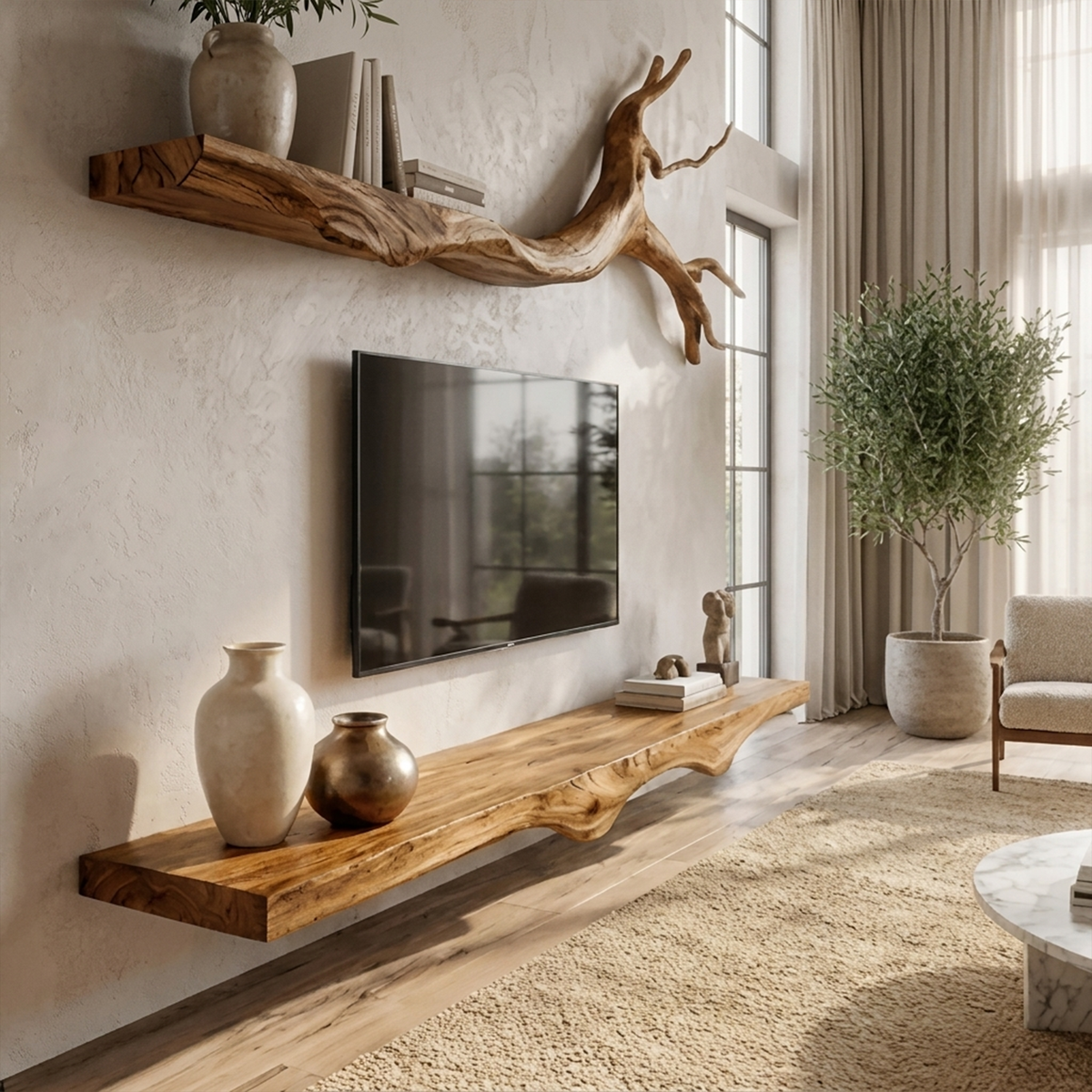 Set 2 Pieces Rustic Floating Wall TV Console Solid Wood Bedroom Living