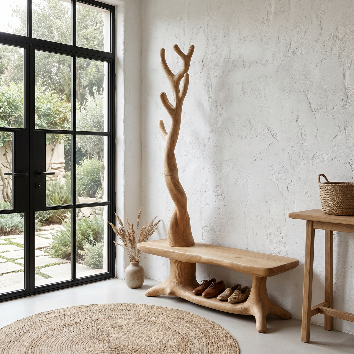 Rustic Shoe Storage Bench With Branch Coat Rack For Entryway