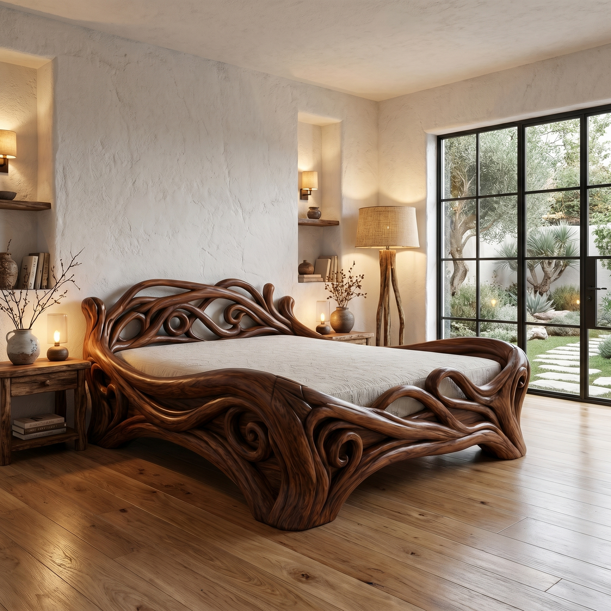 Organic Sculptural Bed Frame With Flowing Root Inspired Wood Design For Bedroom