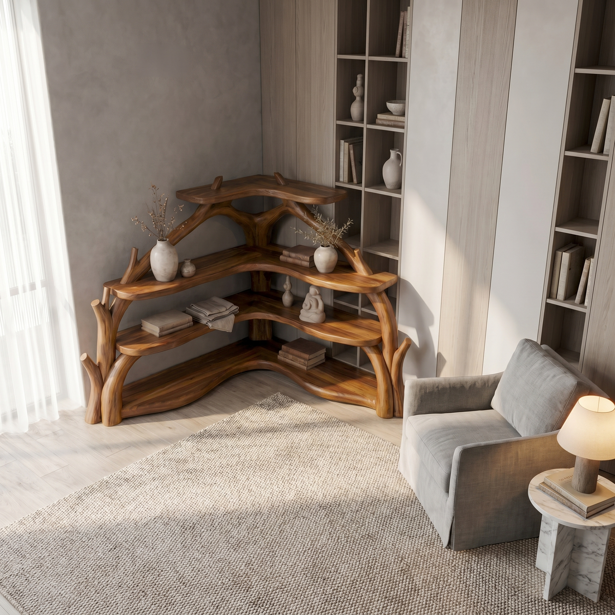 Sculptural Corner Bookcase With Natural Branch Design For Living Room
