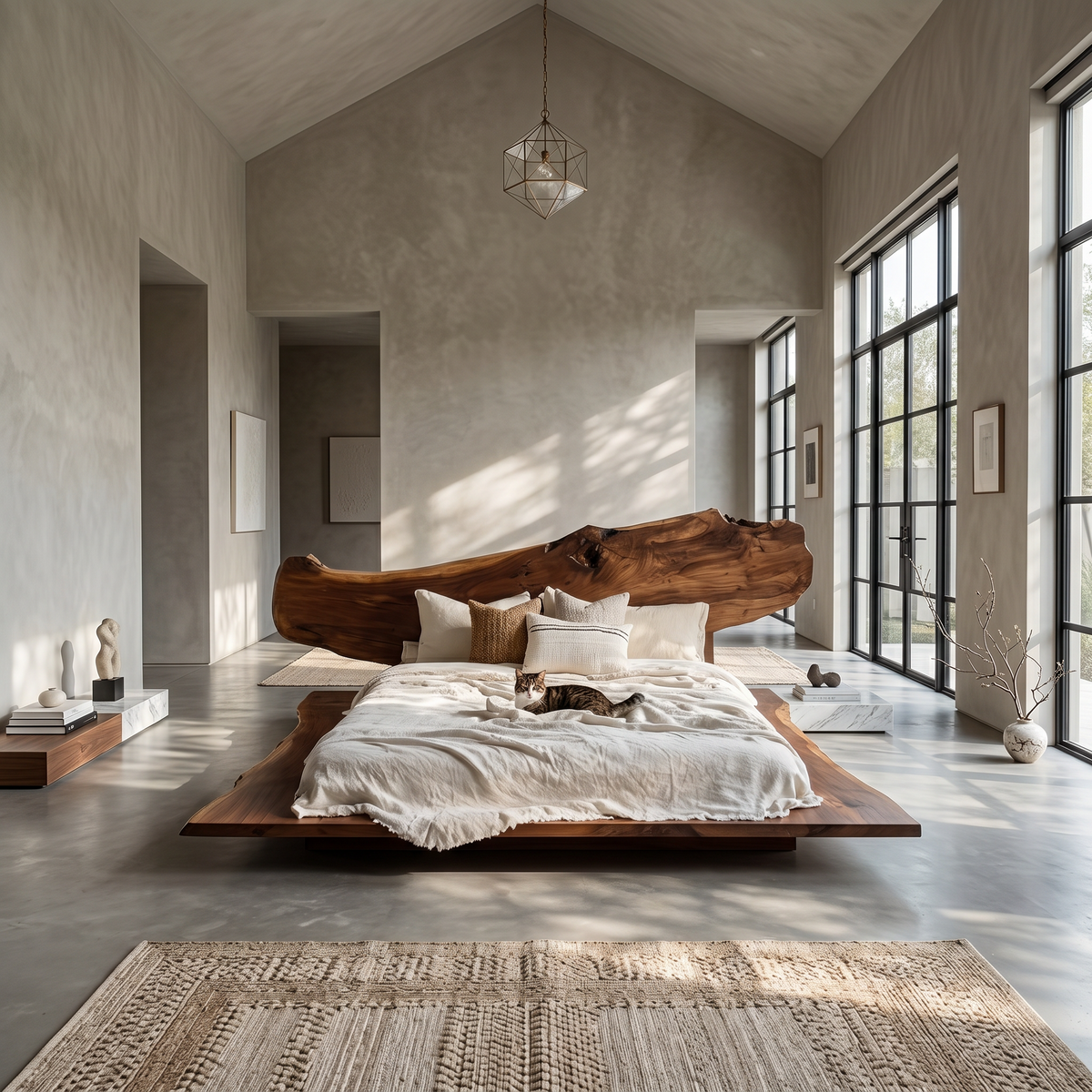 Luxury Organic Bed Frame With Sculptural Solid Wood Headboard And Floating Platform Design For Bedroom